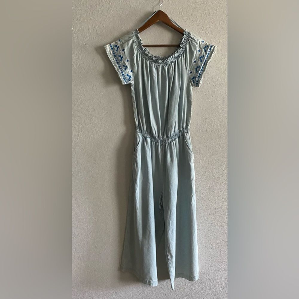 NWT Women Spense Light Denim Wide Leg Elastic Waist Pockets Cropped Jumpsuit 10